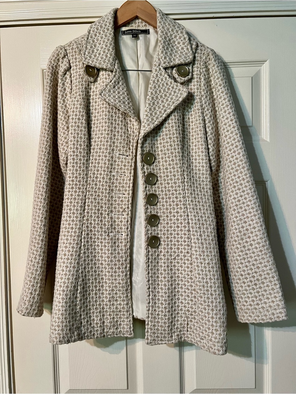 Love Stitch Women’s White and Gold Tweed Style Coat Jacket Medium